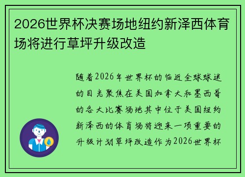 2026世界杯决赛场地纽约新泽西体育场将进行草坪升级改造 2026世界杯决赛场地纽约新泽西体育场将进行草坪升级改造