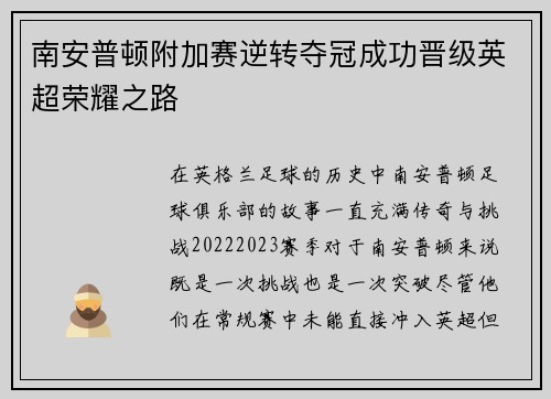 南安普顿附加赛逆转夺冠成功晋级英超荣耀之路